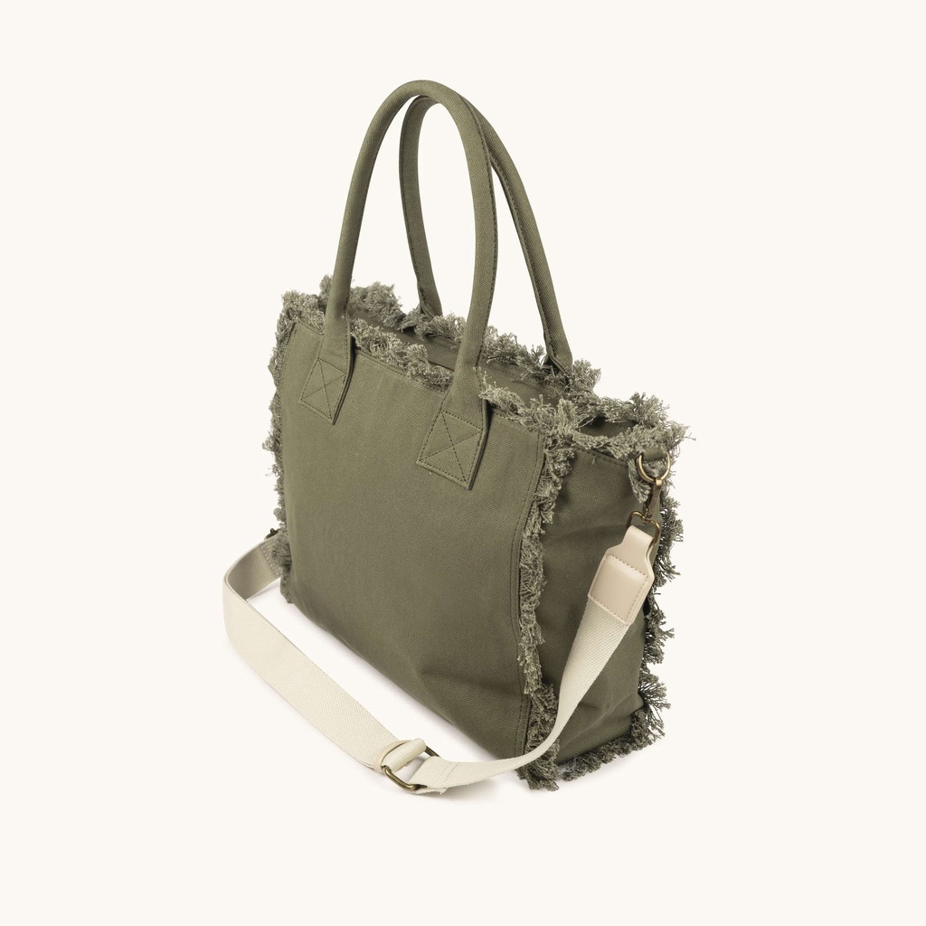 Bolso Shopper Caqui de Algodón Reciclado con Flecos y Bordado Rosa SCUBA KHAKI SHOPPER (3)