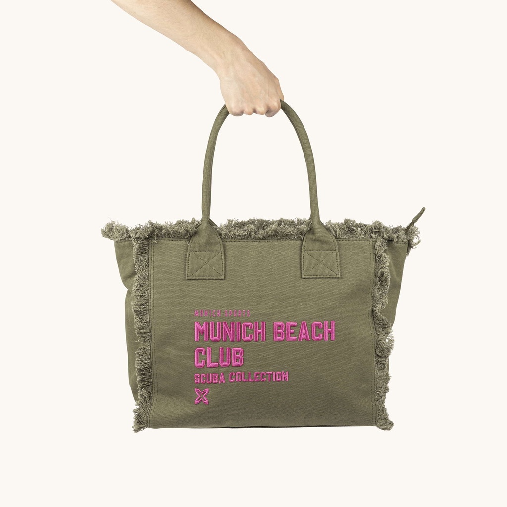 Bolso Shopper Caqui de Algodón Reciclado con Flecos y Bordado Rosa SCUBA KHAKI SHOPPER (6)