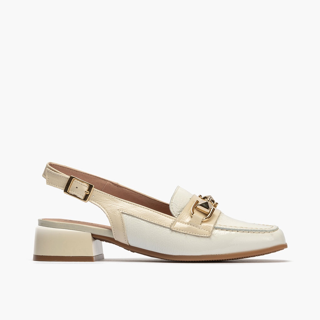 Mocasin punta cuadrada talon abierto mujer con hebilla en piel charol BLANCO (2)