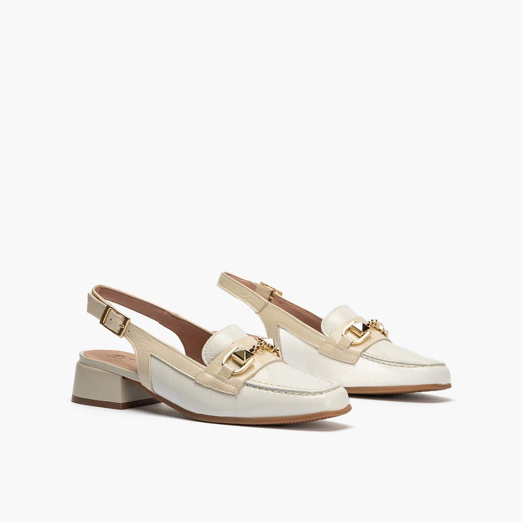 Mocasin punta cuadrada talon abierto mujer con hebilla en piel charol BLANCO (3)
