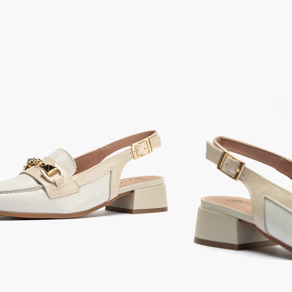 Mocasin punta cuadrada talon abierto mujer con hebilla en piel charol BLANCO (5)