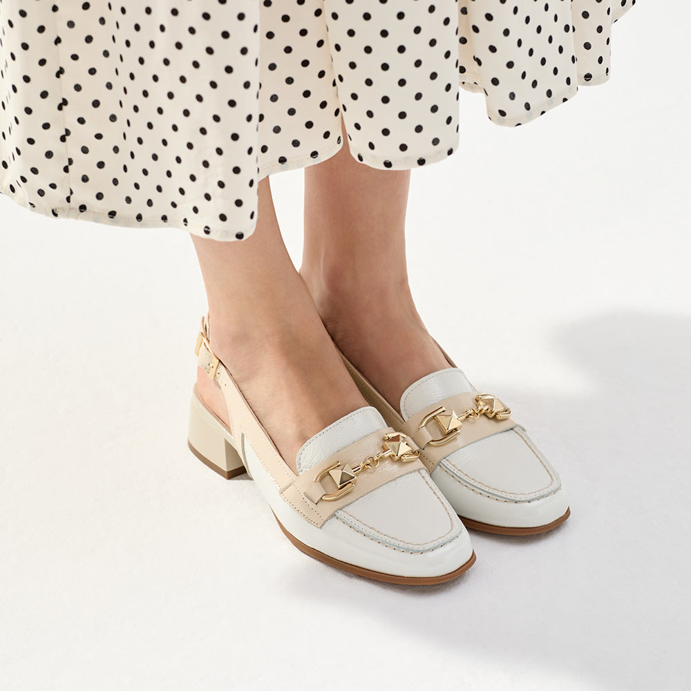 Mocasin punta cuadrada talon abierto mujer con hebilla en piel charol BLANCO (6)