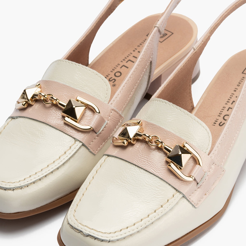 Mocasin punta cuadrada talon abierto mujer con hebilla en piel charol ROSA (1)