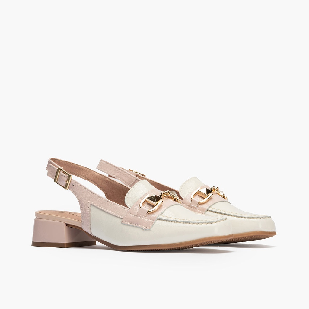 Mocasin punta cuadrada talon abierto mujer con hebilla en piel charol ROSA (2)