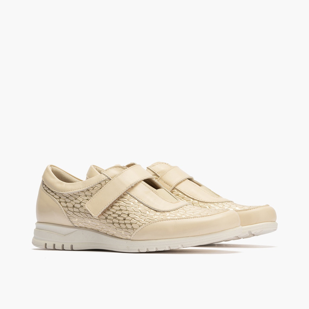 Deportivos mujer con velcro en piel combinada CREMA (1)