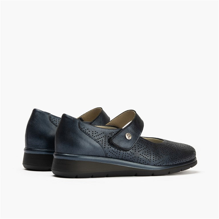 Zapato mercedes plano ancho especial con acabado brillante y suave Marino (4)
