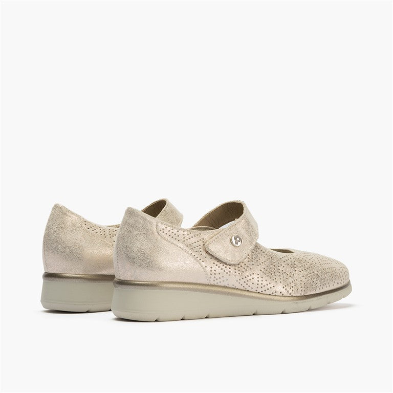 Zapato mercedes plano ancho especial con acabado brillante y suave Oro (5)