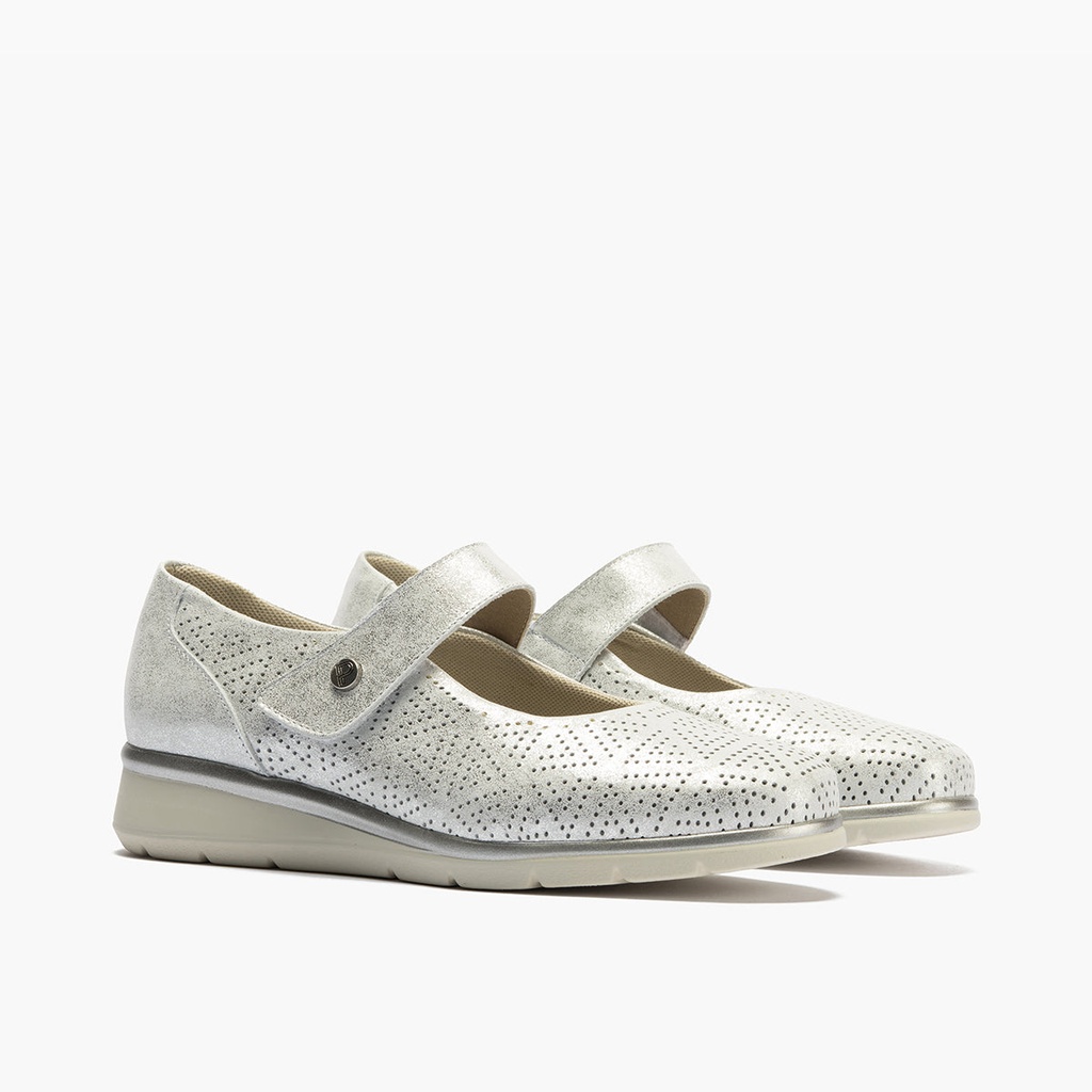 Zapato mercedes plano ancho especial con acabado brillante y suave Plata (2)
