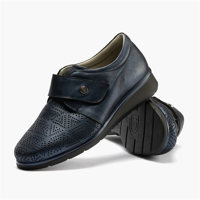 Zapato plano ancho especial con velcro en piel napa fantasía Marino (1)