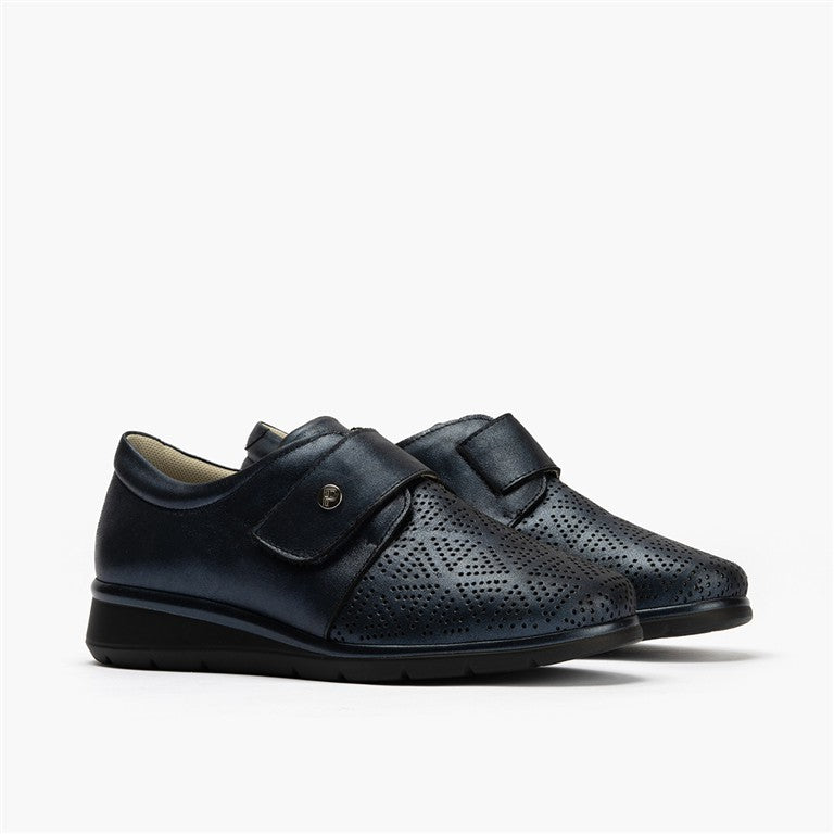 Zapato plano ancho especial con velcro en piel napa fantasía Marino (3)