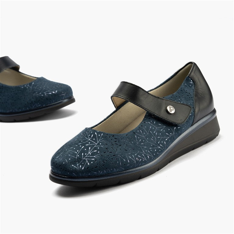 Zapato mercedes ancho especial en piel napa y lycra, con ajuste adaptable Marino (1)