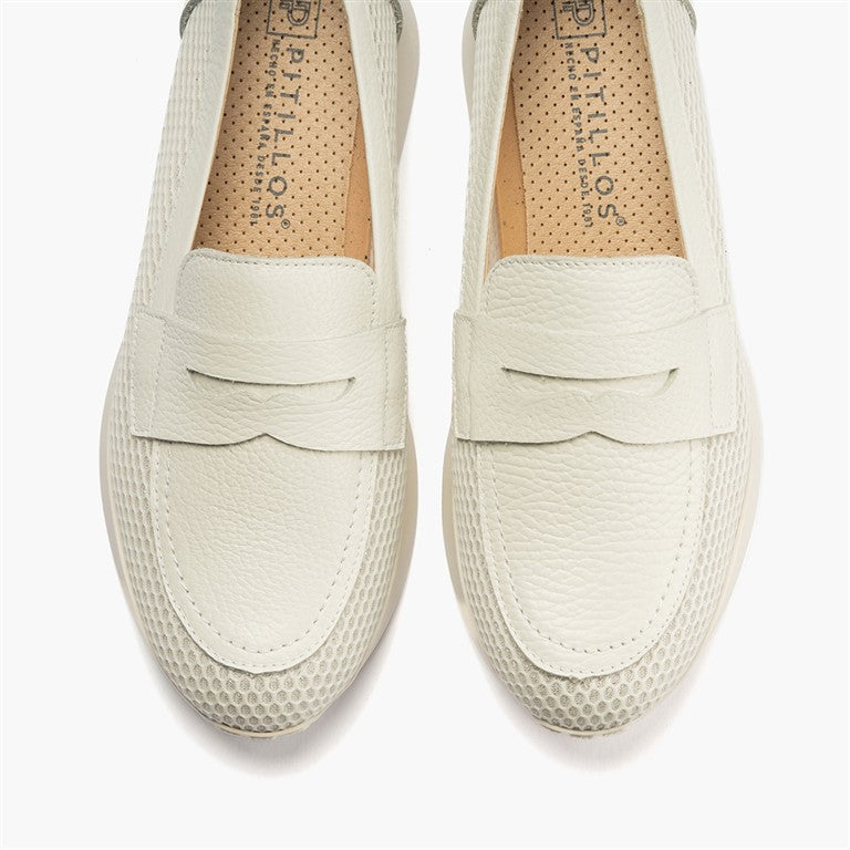 Mocasín plano con antifaz en tejido y piel Blanco (1)
