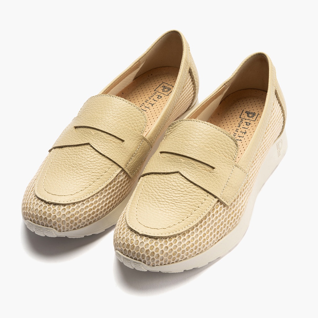 Mocasín plano con antifaz en tejido y piel Crema (1)