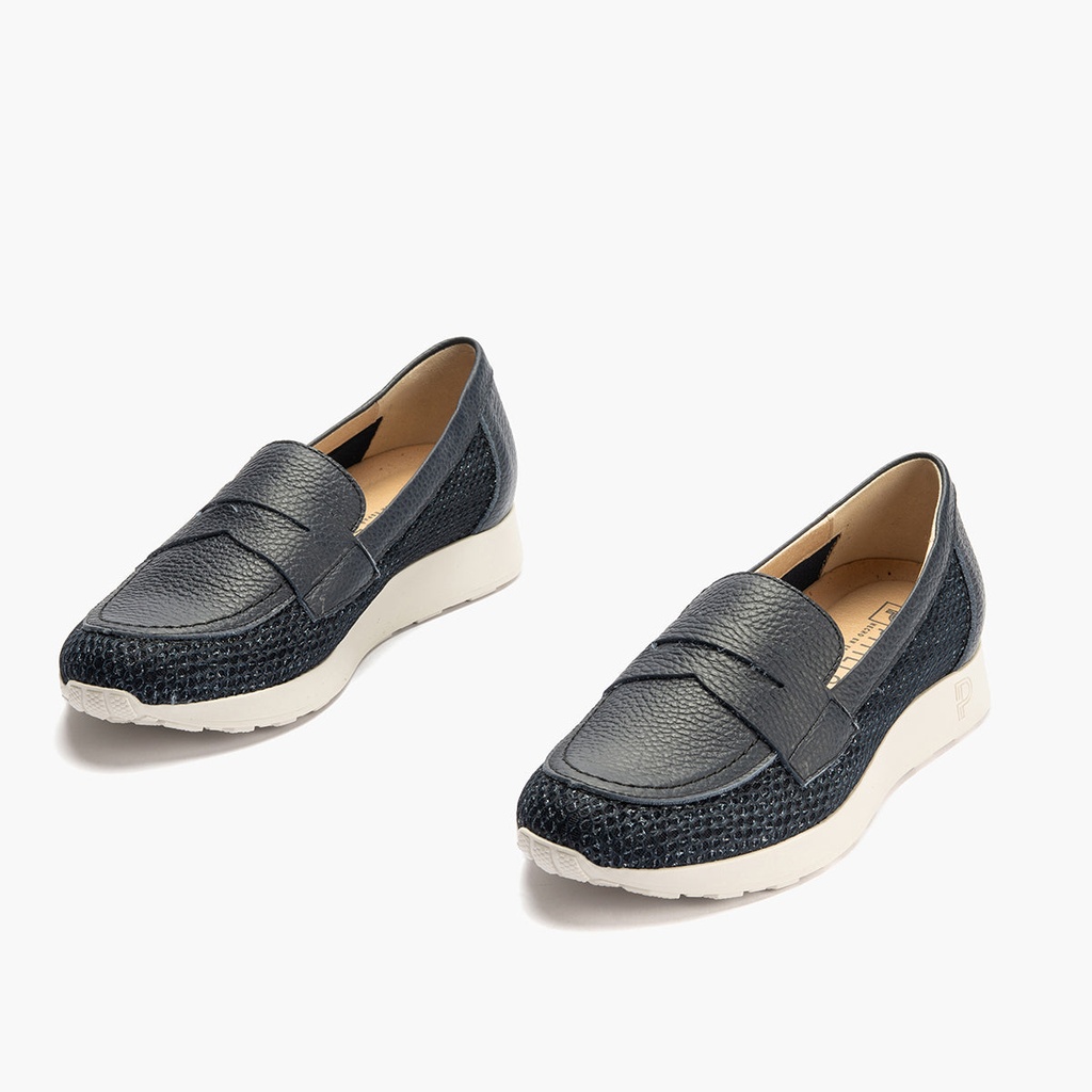 Mocasín plano con antifaz en tejido y piel Marino (1)