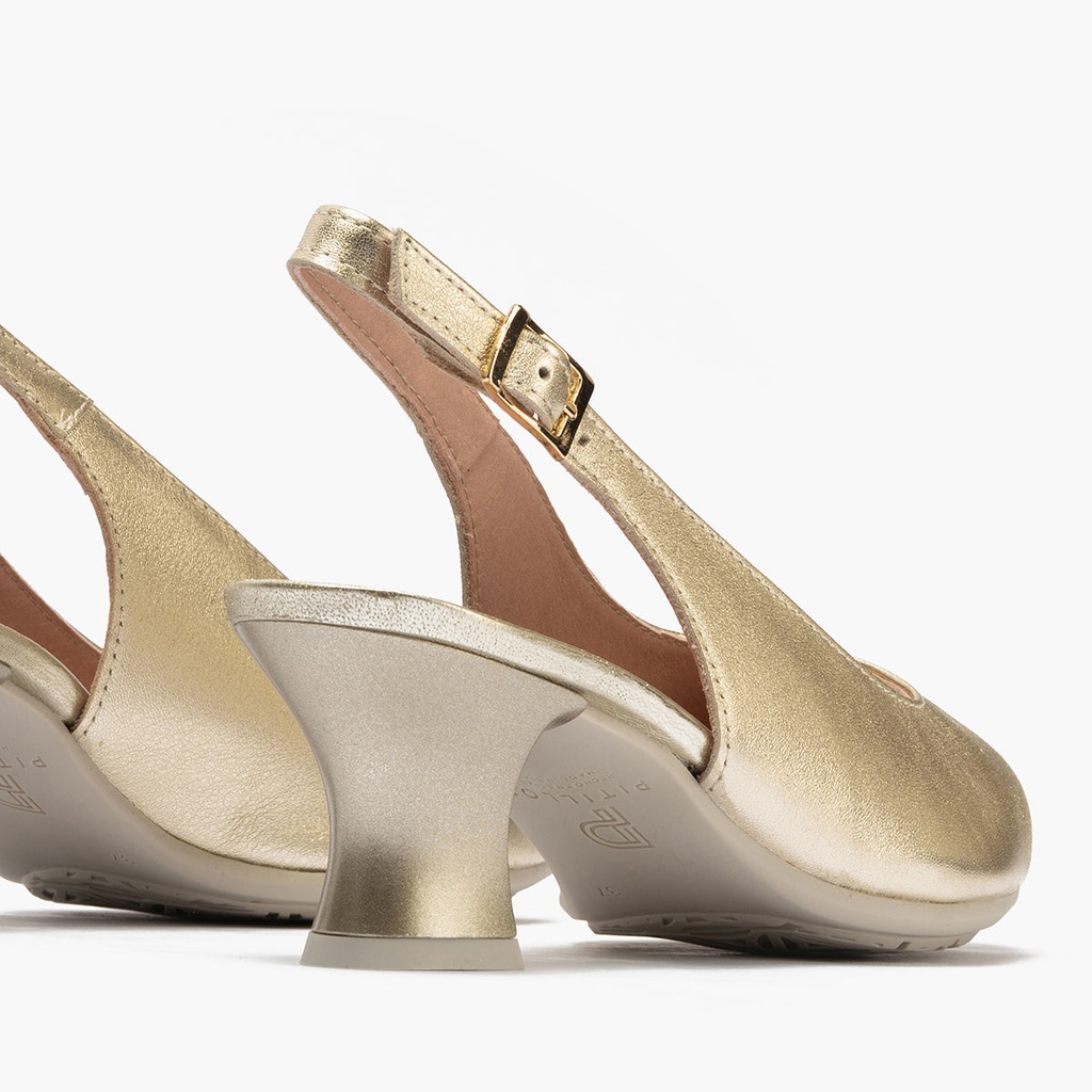 Zapato salón destalonado con tacón medio, en piel laminado Oro (3)
