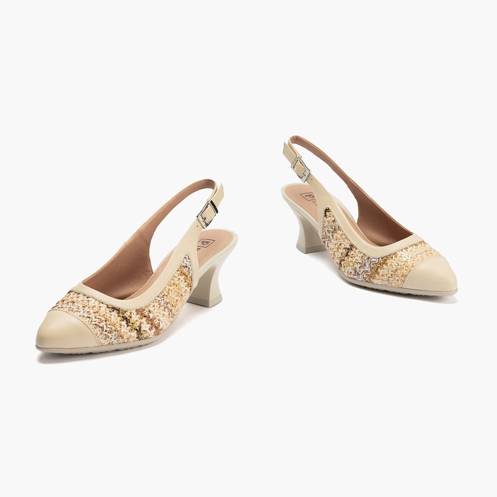Zapato salón destalonado con tacón medio, en piel napa y rafia Crema (1)