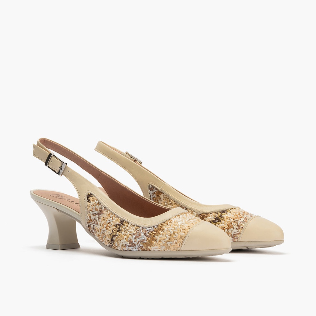 Zapato salón destalonado con tacón medio, en piel napa y rafia Crema (2)