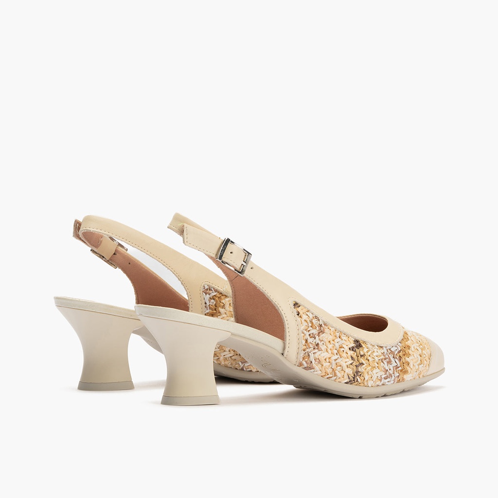 Zapato salón destalonado con tacón medio, en piel napa y rafia Crema (3)