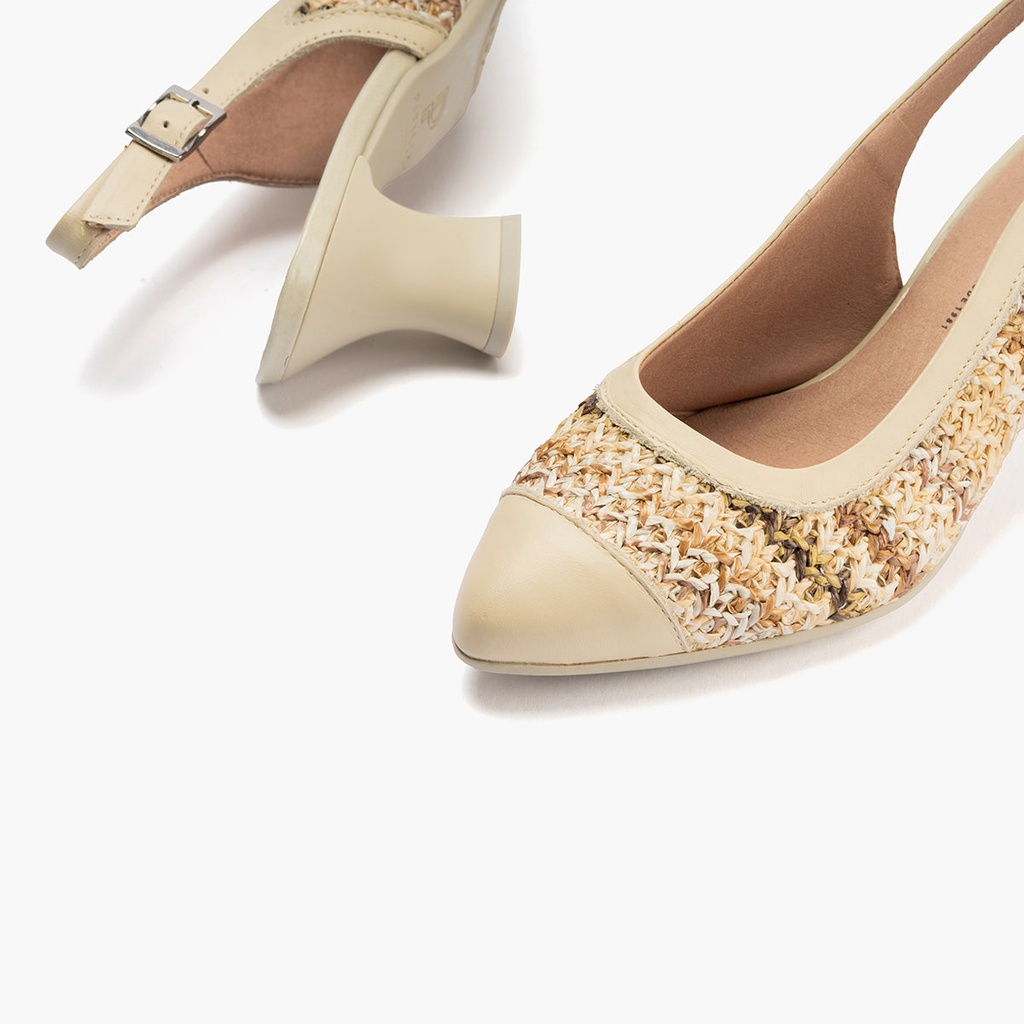Zapato salón destalonado con tacón medio, en piel napa y rafia Crema (4)