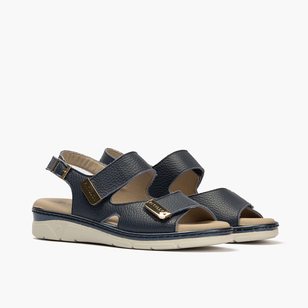 Sandalia plana con doble velcro en piel napa bombeada Marino (1)