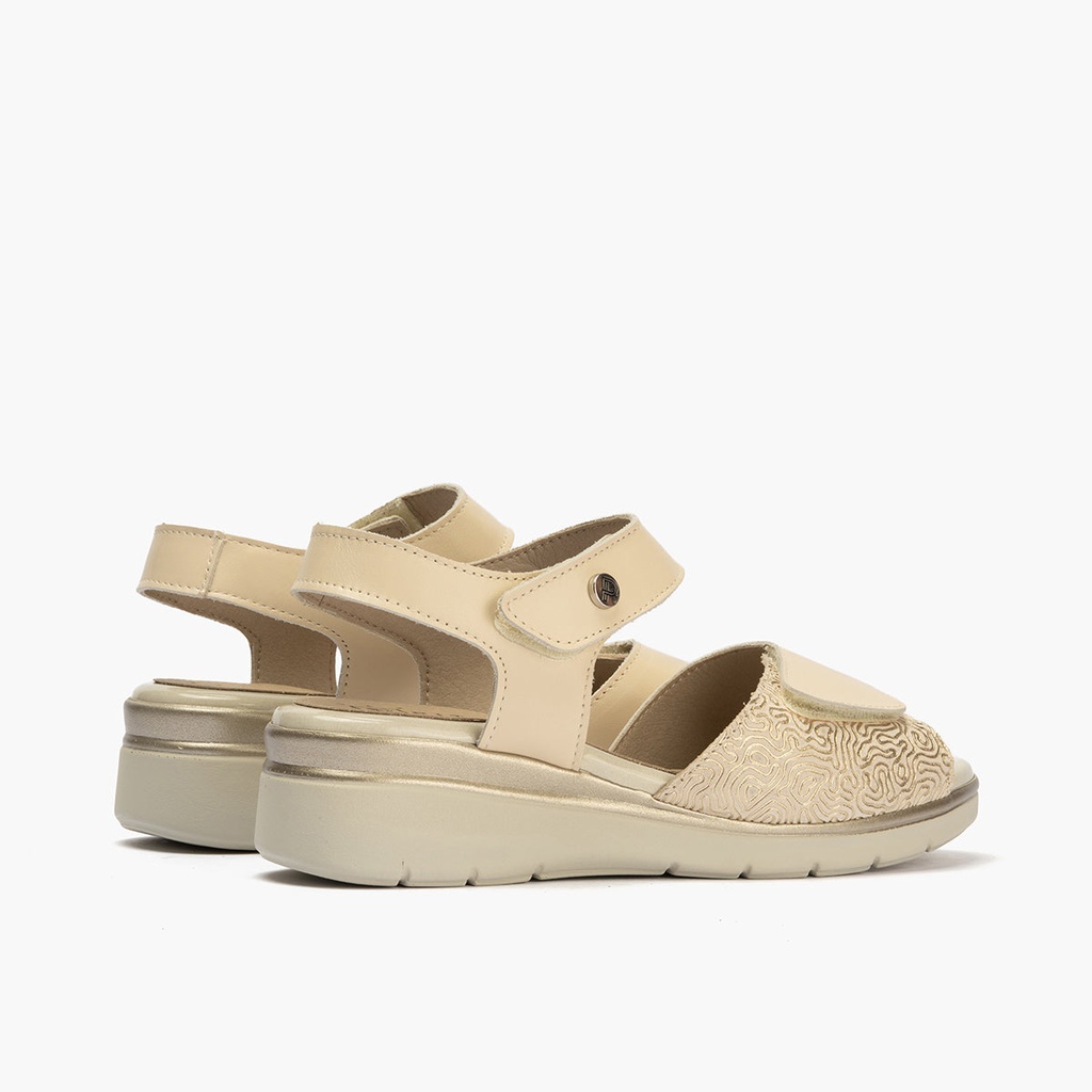 Sandalia cuña con velcros en piel fantasía y piel napa Crema (2)