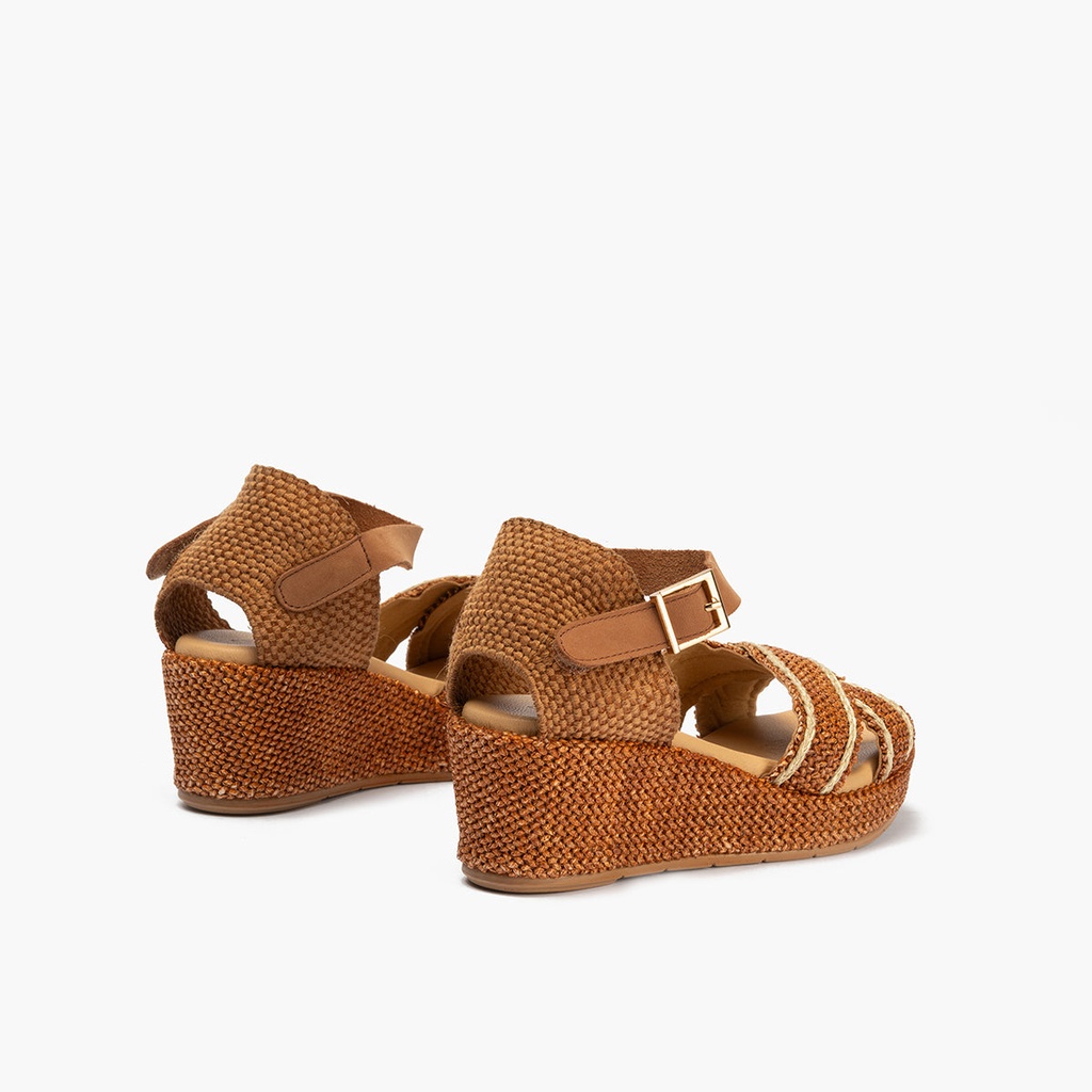Sandalia de rafia con cuña baja, cruzados y pulsera Cuero (2)