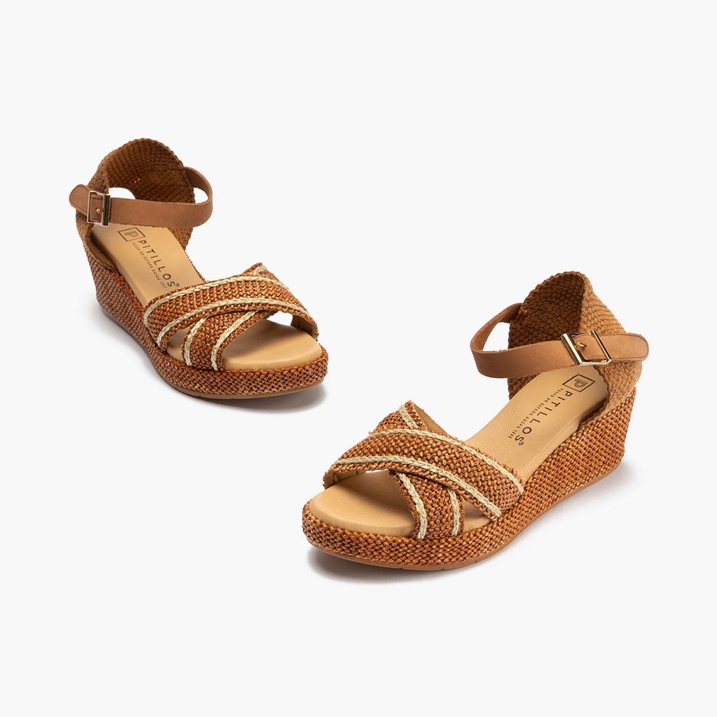Sandalia de rafia con cuña baja, cruzados y pulsera Cuero (4)