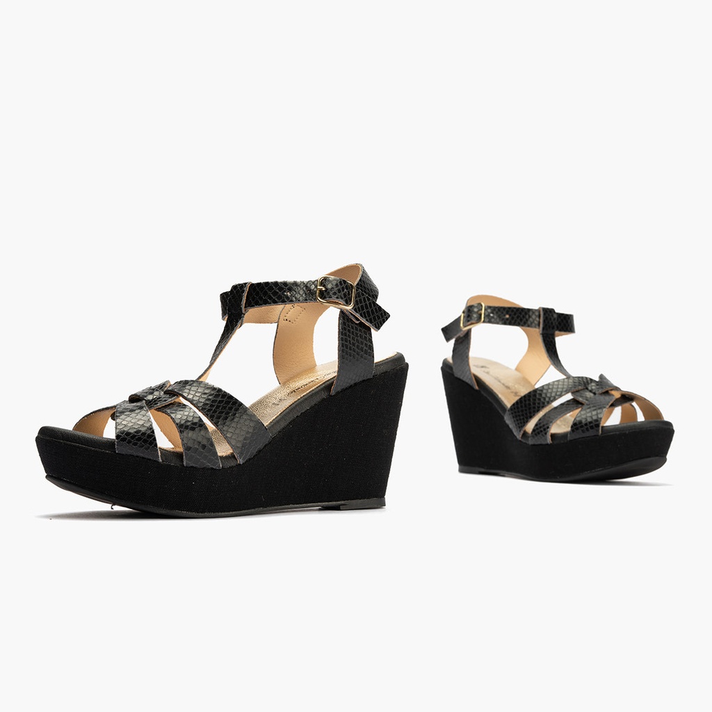Sandalia con cuña alta en piel con efecto animal print Negro (4)
