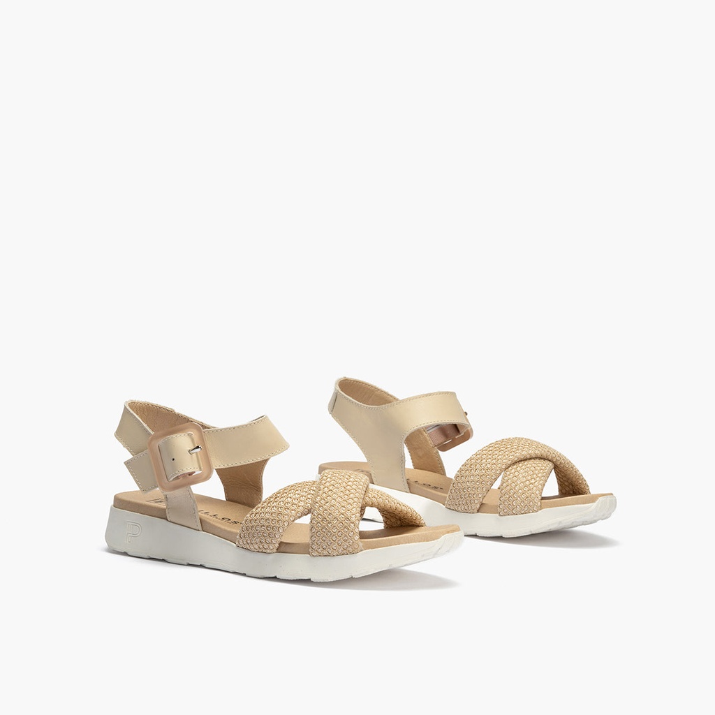 Sandalia pala cruzada mujer con hebilla en rejilla y piel napa CREMA (1)