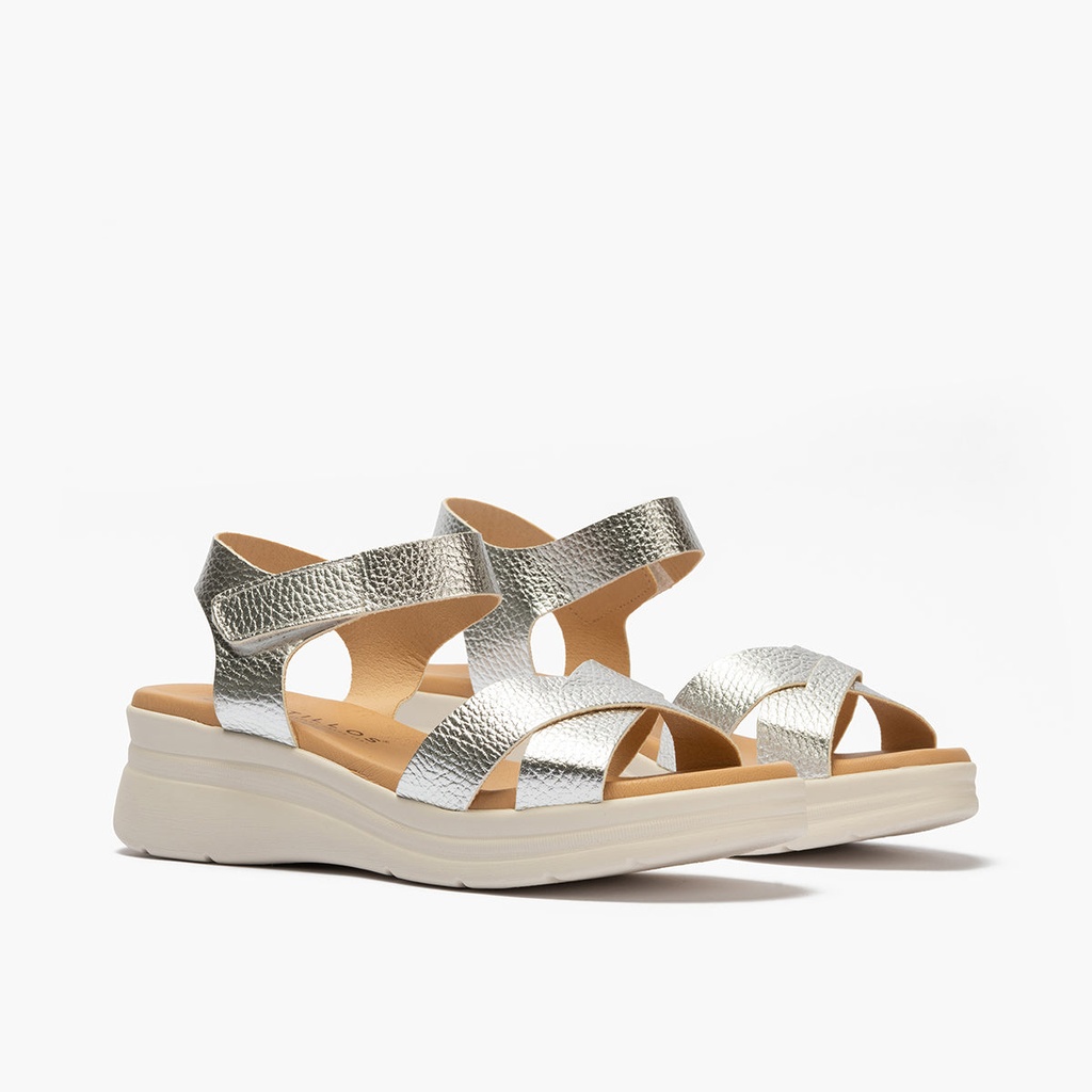 Sandalia pala mujer con velcro en piel laminado PLATA (1)