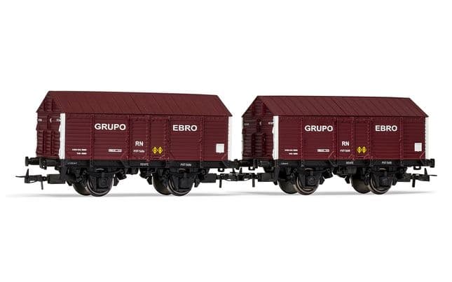 R.N., set de 2 vagones cubiertos PX borde alto, decoración rojo oscuro, “Grupo Ebro”, ép. III (1)