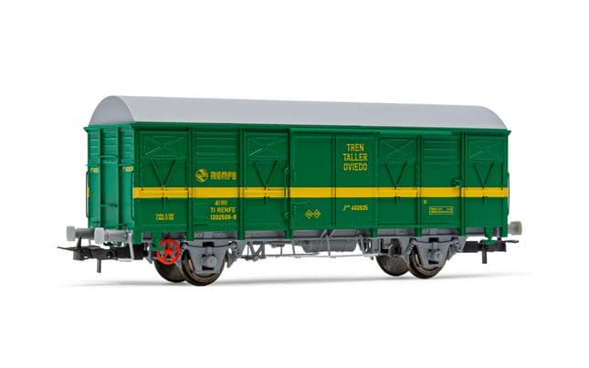 RENFE, vagón cerrado de 2 ejes J2, decoración verde/amarilla, "Tren Taller Oviedo", ép. IV. Ejes para sistema AC: HC6101 (11,27 x 24,25 mm) (1)