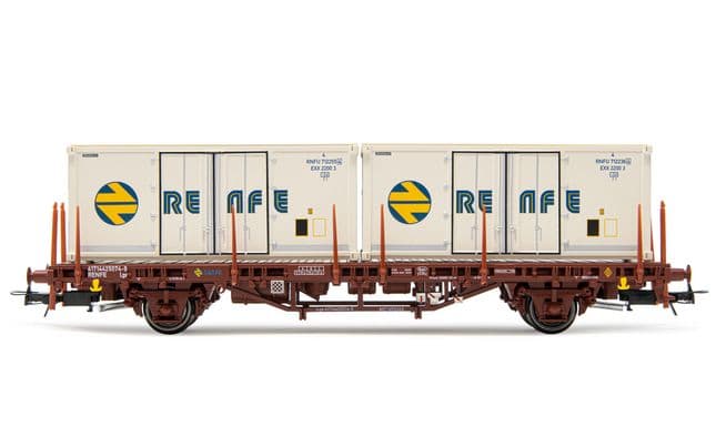 RENFE, vagón plataforma de 2 ejes MC1, decoración rojo oxido, cargado con 2 contenedores refrigerados "Renfe" de 20', ép. IV. Ejes para sistema AC: HC6101 (11,27 x 24,25 mm) (1)