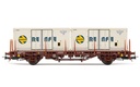 RENFE, vagón plataforma de 2 ejes MC1, decoración rojo oxido, cargado con 2 contenedores refrigerados "Renfe" de 20', ép. IV. Ejes para sistema AC: HC6101 (11,27 x 24,25 mm) (1)