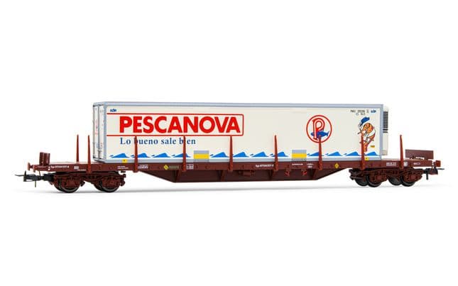 RENFE, vagón plataforma de 4 ejes MMQC, cargado con contenedor frigorífico "Pescanova", ép. IV. Ejes para sistema AC: HC6100 (10,27 x 25,20 mm) (1)