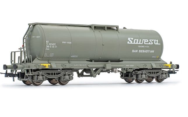 RENFE, vagón cisterna de 4 ejes para vino Zas, decoración gris "Savesa", ép. IV-V. Ejes para sistema AC: HC6102 (10,50 x 24,50 mm) (1)