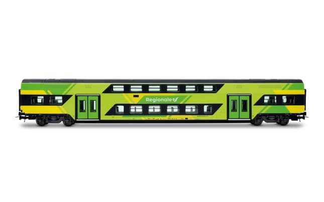 FS Trenitalia, set di 2 carrozze intermedie Vivalto a due piani, nuova livrea “Regionale” verde/gialla (3)