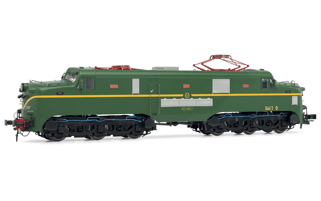 RENFE locomotora electrica 277.047, decoración verde/amarillo, ép. IV