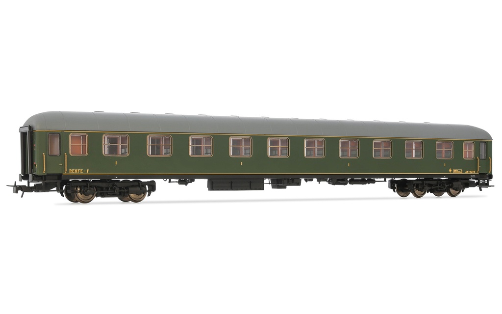 RENFE, coche de primera clase, AA 8073, decoración verde, ép. III