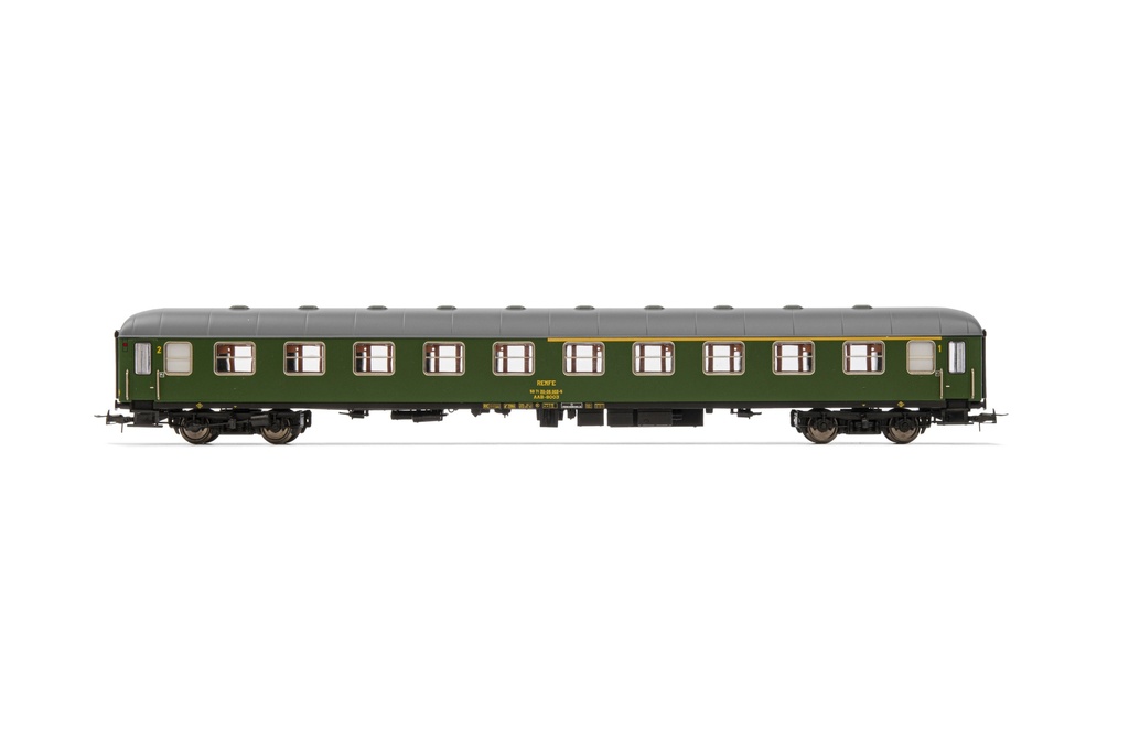 RENFE, coche AAB-8000, decoración verde 1ª/2ª clase, ép. IV