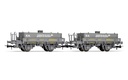 RENFE, set de 2 vagones plataforma unificados, decoración gris , con carga de aljibe, ép. III