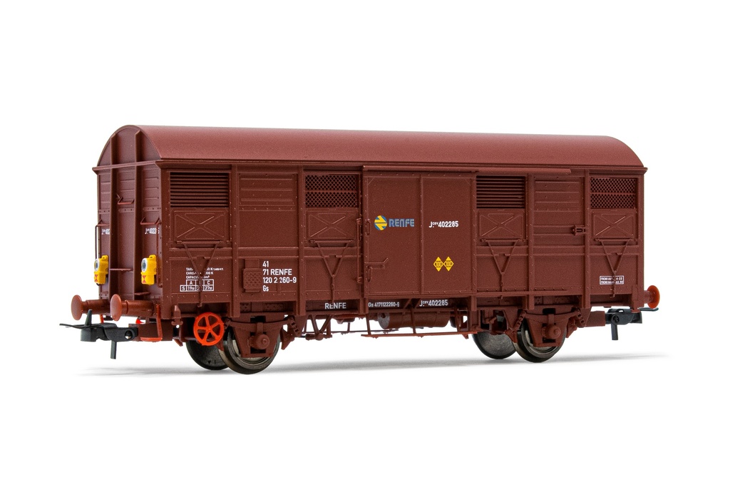 RENFE, vagón cerrado de 2 ejes J2, decoración marron, con persianas abiertas y luz roja trasera intermitente, ép. IV