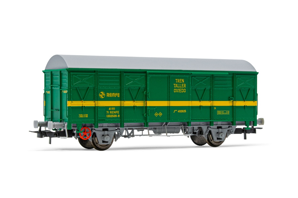 RENFE, vagón cerrado de 2 ejes J2, decoración verde/amarilla, "Tren Taller Oviedo", ép. IV. Ejes para sistema AC: HC6101 (11,27 x 24,25 mm)