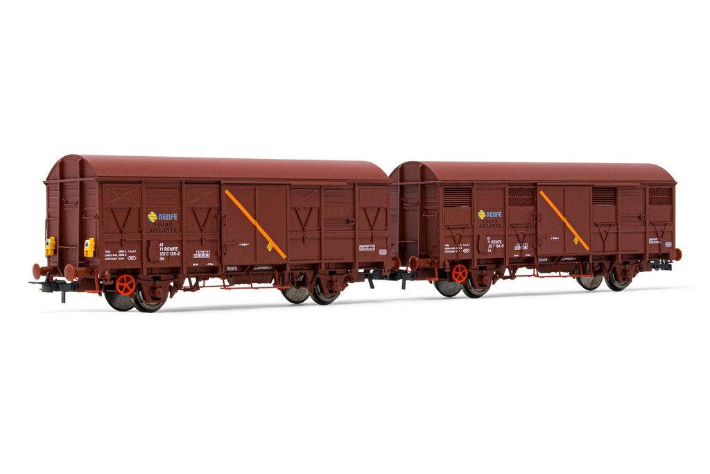 RENFE, set de 2 vagones cerrados de 2 ejes J2, "Vagón Aislante", uno con luz roja trasera intermitente, ép. IV. Ejes para sistema AC: HC6101 (11,27 x 24,25 mm)