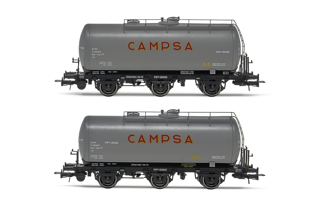 RENFE, set de 2 vagones cisternas de 3 ejes, decoración gris, "Campsa", ép. III. Ejes para sistema AC: HC6101 (11,27 x 24,25 mm)