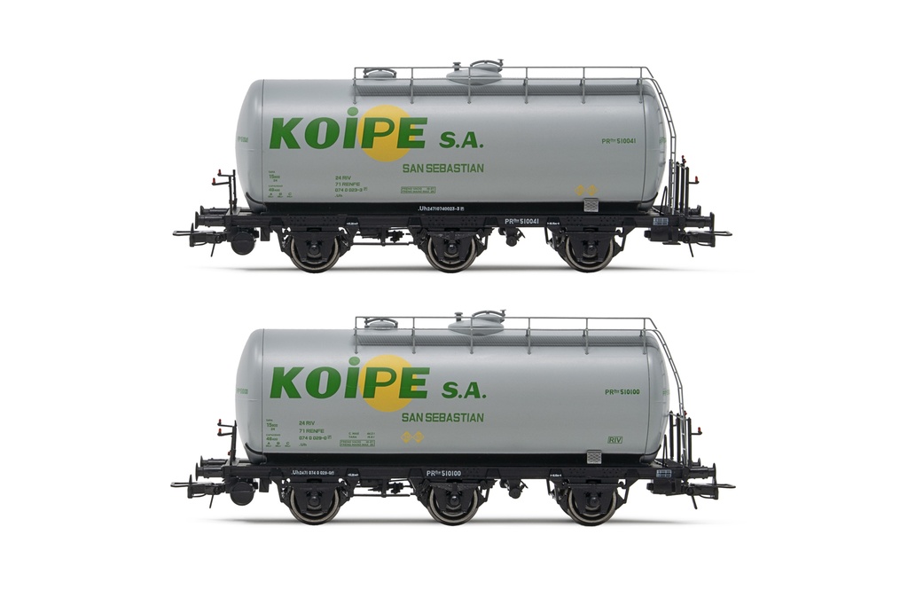RENFE, set de 2 vagones cisternas de 3 ejes, decoración gris, "Koipe", ép. IV. Ejes para sistema AC: HC6101 (11,27 x 24,25 mm)