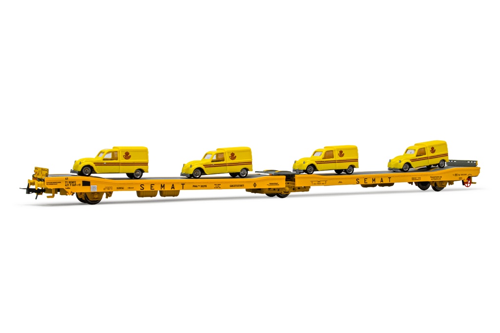 RENFE, vagón plataforma de 4 ejes Ladks, decoración amarilla "Semat", cargado con 4 Citroen 2CV "Correos" amarillo, ép. IV