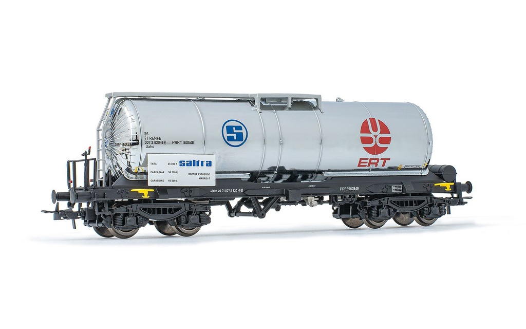 RENFE, vagón cisterna de 4 ejes Uahs, decoración “Saltra Explosivos de Rio Tinto”, ép. IV. Ejes para sistema AC: HC6102 (10,50 x 24,50 mm)