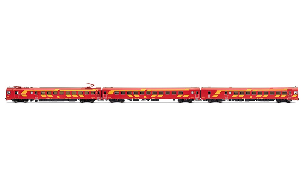 RENFE, automotor eléctrico serie 444, unidad 444-004, decoración rojo/amarillo, ép.IV