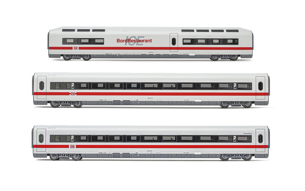 DB AG, set di 3 carrozze aggiuntive ICE 1 BR 401, livrea bianca/rossa, composto da 1 carrozza ristorante e 2 carrozze di 2a classe, Tz 157 "Landshut, ep. VI